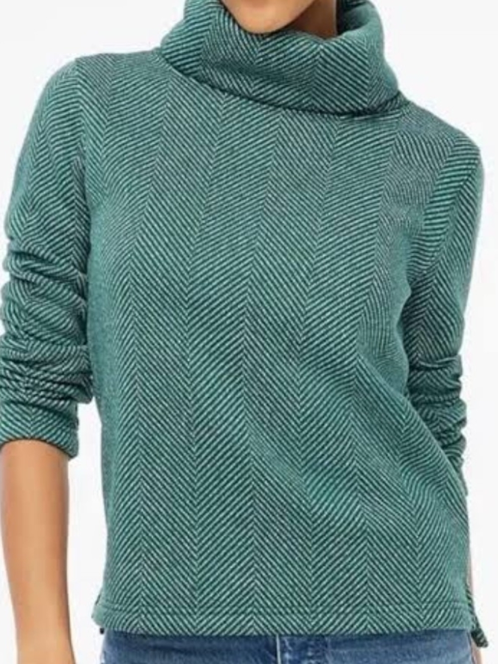 J. Crew Green Herringbone Fleece Funnel Neck Pullover (A1)